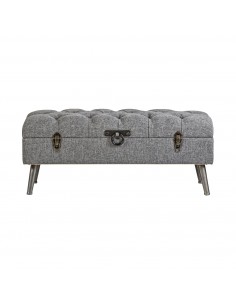 Banco baúl para pié de cama tapizado en gris con patas