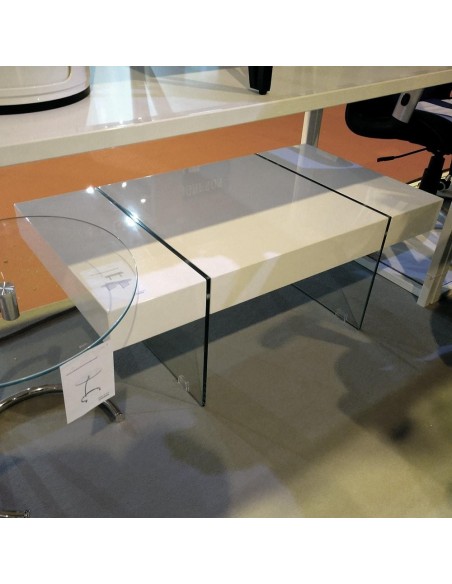 Mesa de centro patas de cristal y tablero lacado blanco