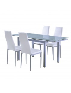 Mesa de comedor extensible con cristal translúcido con patas de metal